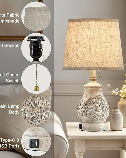 19.5'' Farmhouse Table Lamps for Bedrooms Set of 2 Vintage Bedside Lamps for Nightstand with USB Charging Ports Traditional Rusic Side Table Lamps for Living Room Wooden Carved Floral, Pull Chain - LeafyLoom