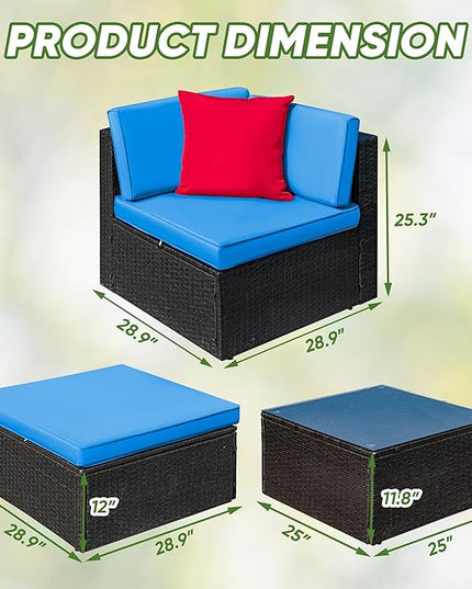 Greesum 3 Piece Patio Conversation Set Wicker Rattan Furniture Outdoor Sofa with Cushions,Pillows and Glass Table for Porch,Lawn and Yard, Blue - LeafyLoom