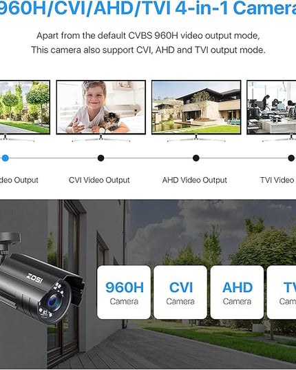 ZOSI 2.0MP 1080P HD 1920TVL Security Camera Hybrid 4-in-1 TVI/CVI/AHD/960H CVBS CCTV Camera Outdoor Indoor,80ft IR Night Vision,Weatherproof Bullet Camera For analog Surveillance DVR(Black) ZOSI