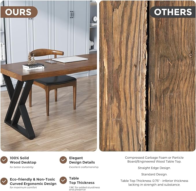 Rustic Style Solid Wood 55-inch Computer Desk - Large Office Desk for Home Office, Modern and Simple Design, Ideal for Study, Writing, Dining - LeafyLoom