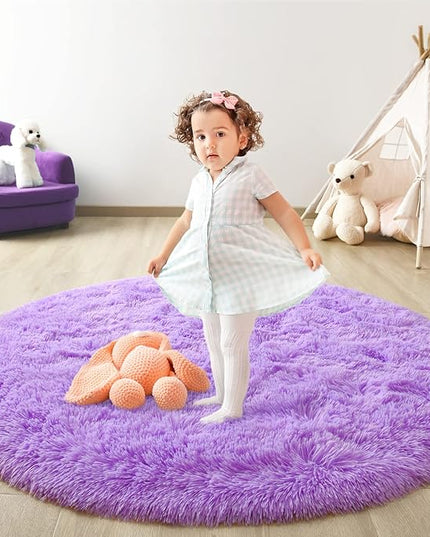 Purple Round Rug for Bedroom, Super Fluffy Circle Rugs for Baby Nursery, 4'X4' Feet Furry Carpet for Children Kids Room, Cute Soft Shaggy Rug for Girls Home Decor, Fuzzy Plush Carpets for Dorm - LeafyLoom