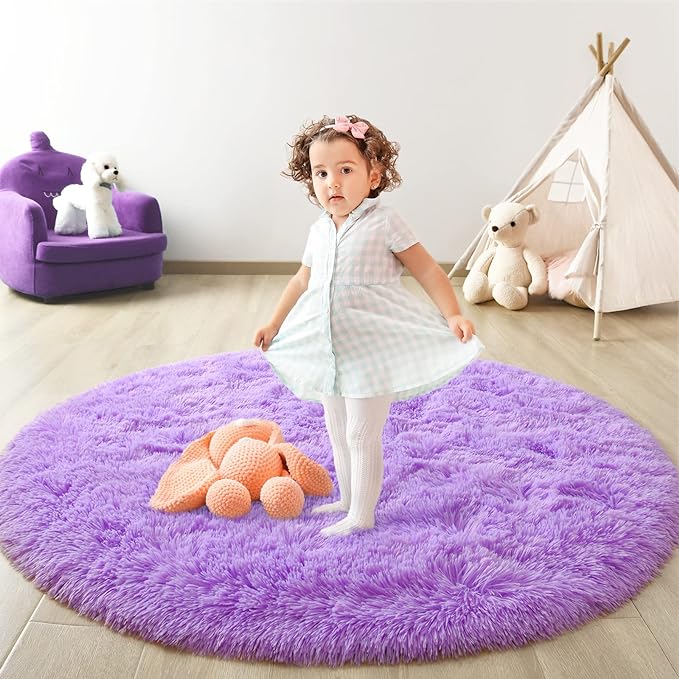 Purple Round Rug for Bedroom, Super Fluffy Circle Rugs for Baby Nursery, 5'X5' Feet Furry Carpet for Children Kids Room, Cute Soft Shaggy Rug for Girls Home Decor, Fuzzy Plush Carpets for Dorm - LeafyLoom