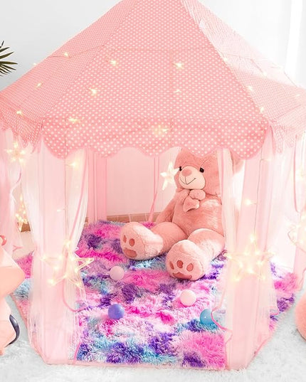 junovo Ultra Soft Hexagon Rug Fluffy Rainbow Nursery Rug for Princess Tent Kids Play Castle, Furry Hexagonal Carpet for Kids Girls Room Playhouse Classroom Dorm Home Decor, 4.6ft Tie-Dye Hot-Pink - LeafyLoom