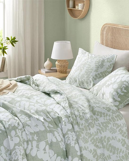 Codi Sage Green Comforter Set King Size, Floral Bedding Sets for Women | Nature Botanical Style, Unique Reversible Design, Better for Spring and Summer | Leaf Print 3 Pieces - LeafyLoom