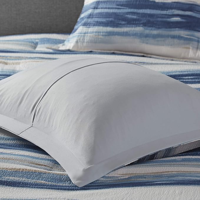 Madison Park Marina Comforter Quilt Combo Set - Modern Luxury Design, All Season Down Alternative Bedding, Matching Shams, Decorative Pillows, King/Cal King(104"x92") Seersucker Blue 8 Piece - LeafyLoom