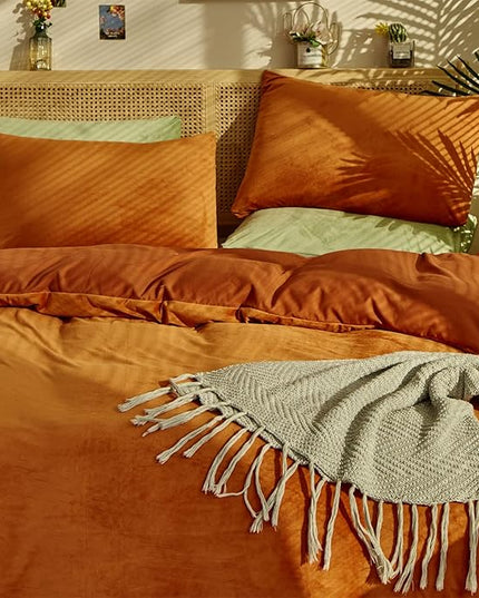 Burnt Orange Color Velvet Comforter Set Twin Solid Rust Color Flannel Velvet Bedding Comforter Set All Caramel Colour 3 PCs Shaggy Soft Warm and Durable Flannel Blanket Twin - LeafyLoom