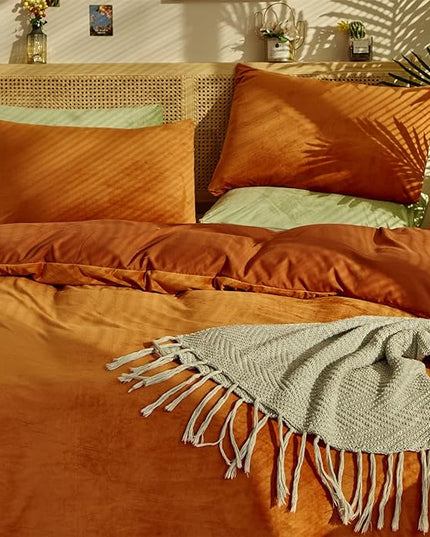 Burnt Orange Color Velvet Comforter Set Full Solid Rust Color Flannel Velvet Bedding Comforter Set All Caramel Colour 3 PCs Shaggy Soft Warm and Durable Flannel Blanket Full - LeafyLoom
