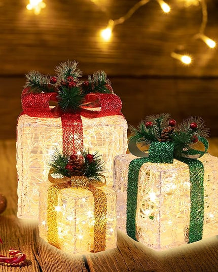 [Large 10"x8.5"x6.5" Christmas Set of 3 Lighted Clear Acrylic Gift Boxes Decorations Pre-lit 70 Super-Bright LED with Flashers,for Indoor Outdoor Pathway Holiday Party Home(Warm White) GLOWNOVA