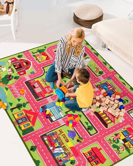 Kids Carpet Playmat Rug 59"x39.4", Car Rug for Kids Cars, Non-Slip Town City Road Map Kids Rug for Playroom Bedroom Boys, Kids Car Mat Road Rug, Track Rug Car Play Rug for Kids (59X39.4 INCH-Pink) - LeafyLoom