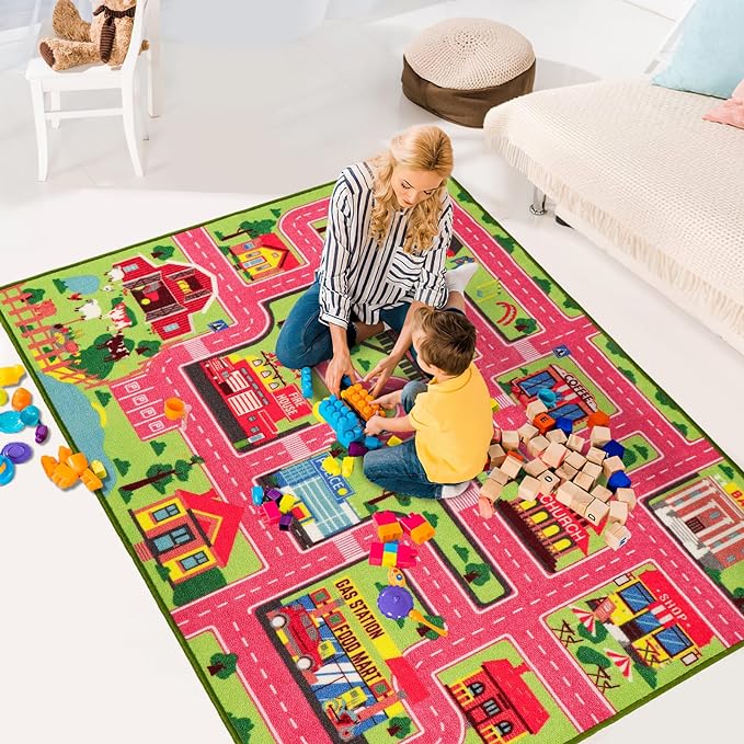 Kids Carpet Playmat Rug 59"x39.4", Car Rug for Kids Cars, Non-Slip Town City Road Map Kids Rug for Playroom Bedroom Boys, Kids Car Mat Road Rug, Track Rug Car Play Rug for Kids (59X39.4 INCH-Pink) - LeafyLoom