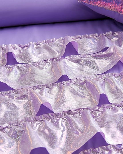 A Nice Night Waterfall Flutter Ruffle 3PCS Comforter Set,Chic Ruffled Textured Princess Bedding Set,Bling Purple,Twin - LeafyLoom