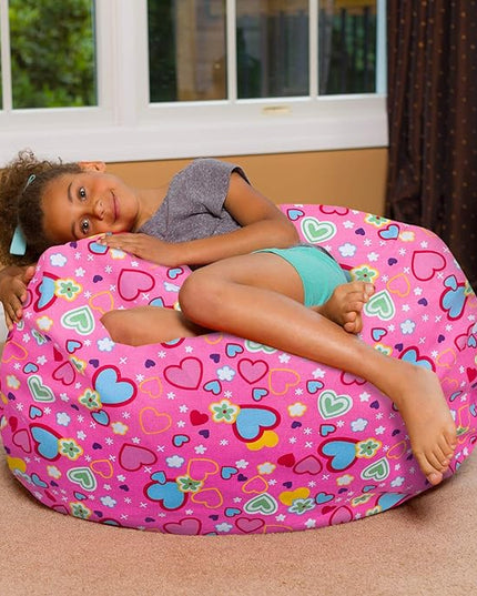 Posh Creations Bean Bag Chair for Kids, Teens, and Adults Includes Removable and Machine Washable Cover, Canvas Multi-Colored Hearts on Pink, 38in - Large - LeafyLoom