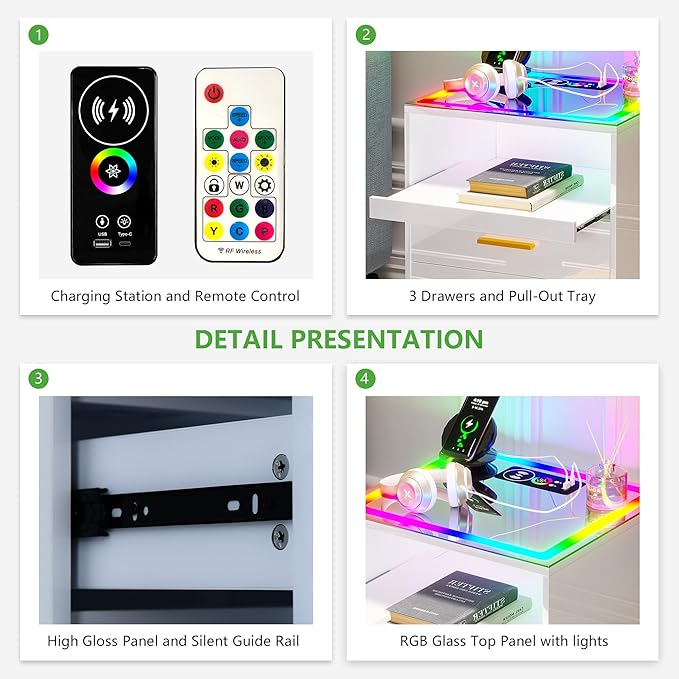 HNEBC High Gloss Nightstand with Wireless Charging Station, Smart Night Stand with RGB Dynamic Lighting, Modern Bed Side Table with Drawers Sliding Tray, Glass Tabletop, Motion Sensor Lights(C White) - LeafyLoom