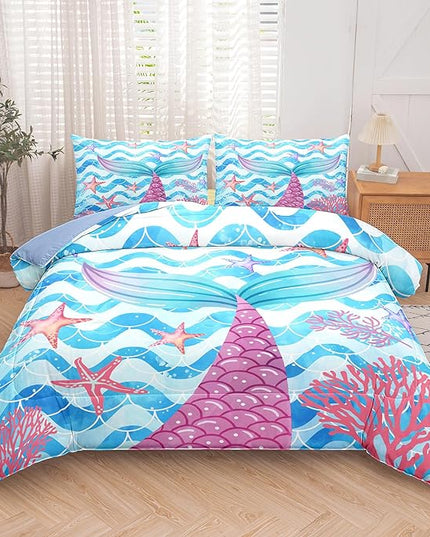 NINENINE Mermaid Tail Bedding Sets for Teens Girls, Princess Comforter Set, Blue Glitter Bedding Sets for Teens Girls,Sea Animal Kids Fish Scales Comforter Sets with 1 Comforter 2Pillowcases - LeafyLoom