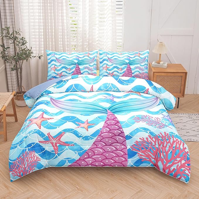 NINENINE Twin Size Mermaid Tail Bedding Girls Princess Comforter Set, Blue Glitter Bedding Sets for Girls,Sea Animal Kids Fish Scales Comforter Sets with 1 Comforter 1Pillowcase - LeafyLoom