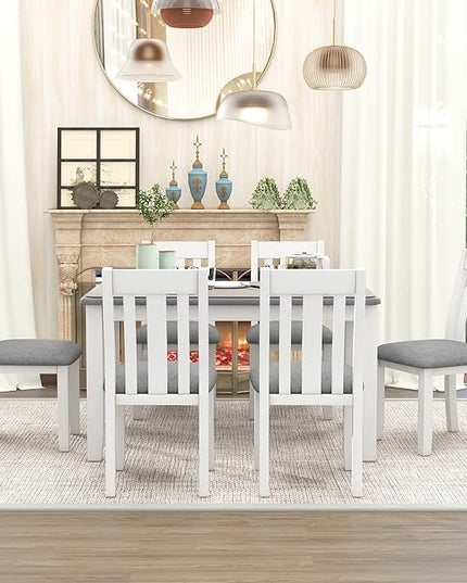 Retro Style 7 Piece Set with Extendable Table and 6 Upholstered Chairs, for Living, Dining Room, Home Bar and Kitchen, Gray+White - LeafyLoom