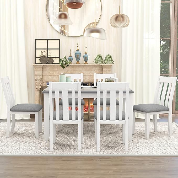 Retro Style 7 Piece Set with Extendable Table and 6 Upholstered Chairs, for Living, Dining Room, Home Bar and Kitchen, Gray+White - LeafyLoom