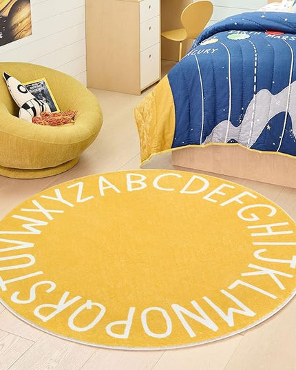 Topotdor Round Kids Play Rug Alphabet Nursery Area Rug Extra Large Soft Crawling Play Mat for Children Toddlers Bedroom (47 inch, Yellow) - LeafyLoom