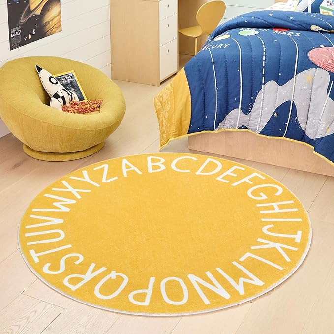 Topotdor Round Kids Play Rug Alphabet Nursery Area Rug Extra Large Soft Crawling Play Mat for Children Toddlers Bedroom (47 inch, Yellow) - LeafyLoom