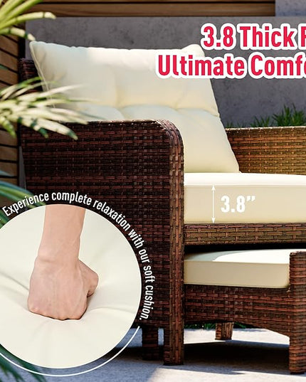 Pamapic 5 Pieces Outdoor Patio Wicker Chairs Set with Ottoman, Outside Conversation Furniture Set with Cushions and Coffee Table for Balcony Porch Lawn Garden (Cream Cushion+ Umber Rattan) - LeafyLoom