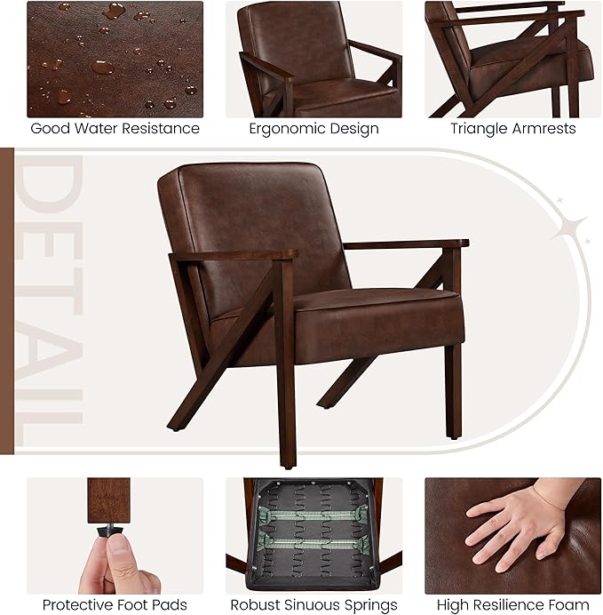 Yaheetech Accent Chair, Armchair with Strong Wood Frame, PU Leather Modern Retro Lounge Chair for Living Room/Lounge/Office/Reception Area, Dark Brown - LeafyLoom