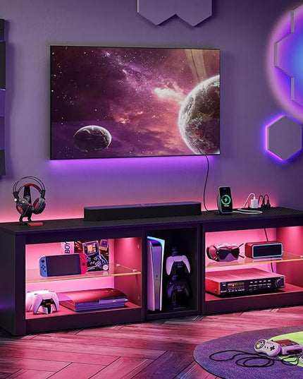 Bestier TV Stand for 70 inch TV with Power Outlets, LED Entertainment Center for PS5, Gaming TV Consoles with Glass Shelves for Living Room, 63'' Inch, Black Carbon Fiber - LeafyLoom