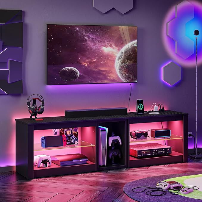 Bestier TV Stand for 70 inch TV with Power Outlets, LED Entertainment Center for PS5, Gaming TV Consoles with Glass Shelves for Living Room, 63'' Inch, Black Carbon Fiber - LeafyLoom