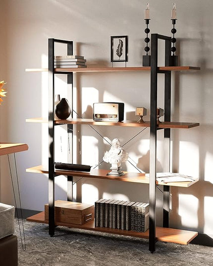 CONSDAN Industrial Bookshelf, USA Grown Hardwood, Real Wood Bookshelves, Modern Open Rustic Bookcase, Storage Shelf, Display Shelf, Poplar Solid Wood-4 Tier Shelf - LeafyLoom