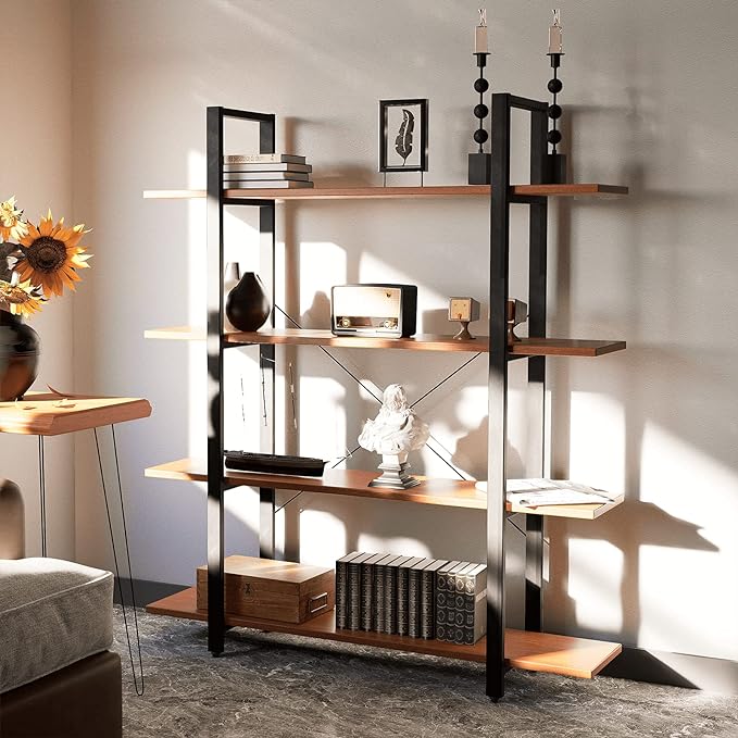CONSDAN Industrial Bookshelf, USA Grown Hardwood, Real Wood Bookshelves, Modern Open Rustic Bookcase, Storage Shelf, Display Shelf, Poplar Solid Wood-4 Tier Shelf - LeafyLoom