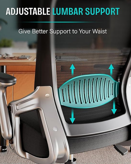 Ergonomic Office Desk Chair, Mesh Computer Gaming Chair with Adjustable Flip-Up Arms, Lumbar Support, Tilt Function, Comfy Wide Seat, Swivel Wheel, Sturdy Big and Tall Task Chairs for Adults Students - LeafyLoom