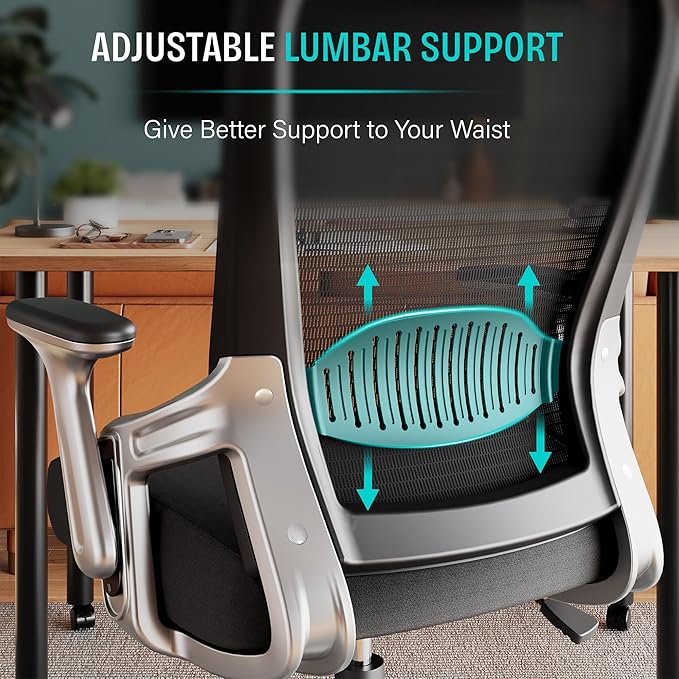 Ergonomic Office Desk Chair, Mesh Computer Gaming Chair with Adjustable Flip-Up Arms, Lumbar Support, Tilt Function, Comfy Wide Seat, Swivel Wheel, Sturdy Big and Tall Task Chairs for Adults Students - LeafyLoom