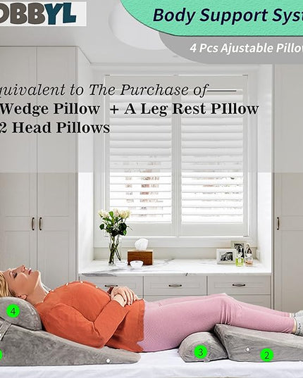 4PCS Adjustable Bed Wedge Pillow Sleeping Support Set 100% Memory Foam for Postoperative recovery, Back Neck Leg Support,Acid Reflux and GERD,Sitting Reading Dark Gray - LeafyLoom