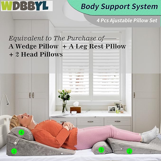 4PCS Adjustable Bed Wedge Pillow Sleeping Support Set 100% Memory Foam for Postoperative recovery, Back Neck Leg Support,Acid Reflux and GERD,Sitting Reading Dark Gray - LeafyLoom