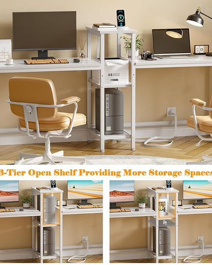 Furologee White 71" Double Gaming Desk, Extra Long 2 Person Computer Desk with Book Shelf and Cloth Bag, Large Office Desk Study Writing Table with Hooks for Home Office (NO Power Outlets) - LeafyLoom