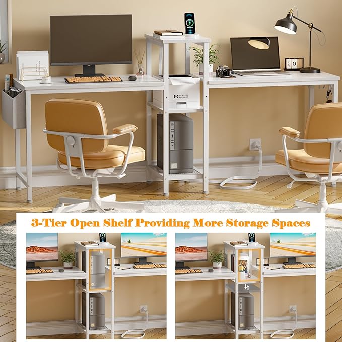 Furologee White 71" Double Gaming Desk, Extra Long 2 Person Computer Desk with Book Shelf and Cloth Bag, Large Office Desk Study Writing Table with Hooks for Home Office (NO Power Outlets) - LeafyLoom