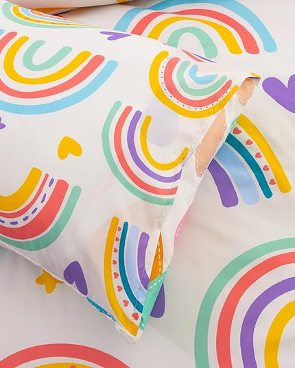 Btargot 3 Piece Kids Rainbow Comforter Set with 2 Pillow Covers, Cartoon Love Hearts Suns and Stars Bedding Set for Girls Boys Kids, Twin Beige - LeafyLoom