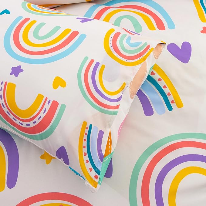 Btargot 3 Piece Kids Rainbow Comforter Set with 2 Pillow Covers, Cartoon Love Hearts Suns and Stars Bedding Set for Girls Boys Kids, Full Beige - LeafyLoom