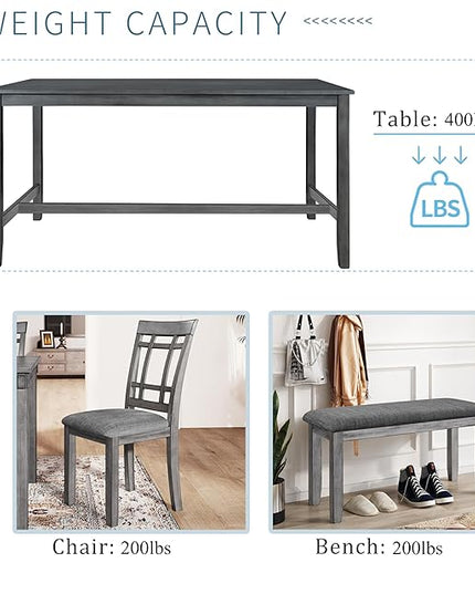Farmhouse Style, Spacious 4 Chairs and Multifunctional Bench, Long-Lasting Solid Wood, for Kitchen, Room, 6 Piece Dining Table Set, Gray 7 - LeafyLoom