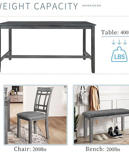 60 Inch Dining Table Set for 6, Kitchen Table set with 4 Upholstered Chairs and Bench, Dining Room Table Set for Living Room, Dining Room, Dark Grey - LeafyLoom