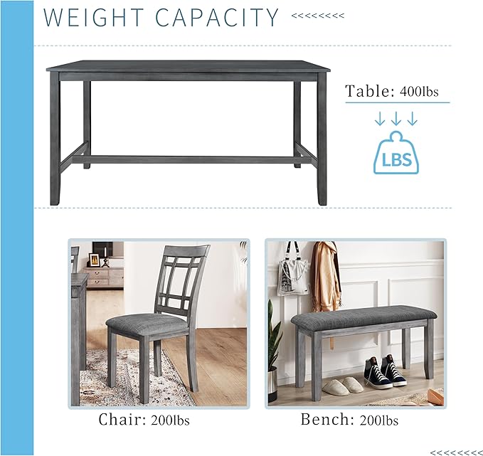 60 Inch Dining Table Set for 6, Kitchen Table set with 4 Upholstered Chairs and Bench, Dining Room Table Set for Living Room, Dining Room, Dark Grey - LeafyLoom