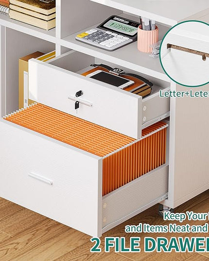 DWVO 2 Drawer File Cabinet with Charging Station, Mobile Filing Cabinet with Lock, White - LeafyLoom