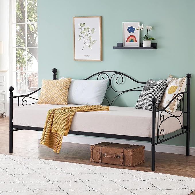 VECELO Daybed Frame Twin Size，Metal Steel Slat Support/Strong Legs with Headboard for Bedroom Living/Guest Room, Easy Assembly, Black - LeafyLoom