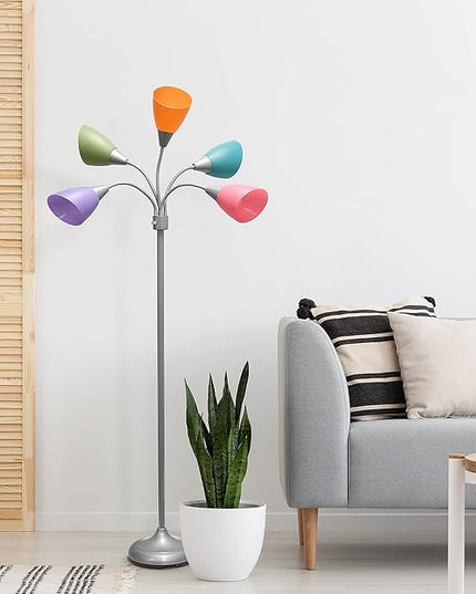 Simple Designs LF2006-SLM 67" Contemporary Multi Head Medusa 5 Light Adjustable Gooseneck Silver Floor Lamp with Fun Light Multicolored Shades for Kids Bedroom Playroom Living Room Office - LeafyLoom