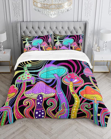 Colorful Mushroom Comforter Set Full Size Kids 3D Mushroom Bedding Set Cute Hippy Theme Quilt Bed Set for Boys Girls Adults with 1 Comforter and 2 Pillowcases - LeafyLoom