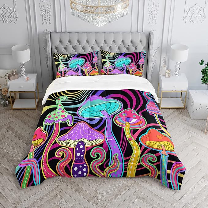 Colorful Mushroom Comforter Set Twin Size Kids 3D Mushroom Bedding Set Cute Hippy Theme Quilt Bed Set for Boys Girls Adults with 1 Comforter and 2 Pillowcases - LeafyLoom