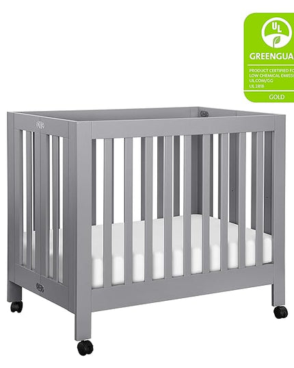Babyletto Origami Mini Portable Folding Crib with Wheels in Grey, 2 Adjustable Mattress Positions, Greenguard Gold Certified - LeafyLoom