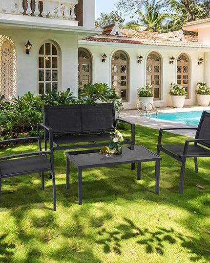 4 Pieces Patio Furniture Set Outdoor Garden Patio Conversation Sets Poolside Lawn Chairs with Tempered Glass Coffee Table Loveseat Porch Furniture Textilene Fabric Black - LeafyLoom