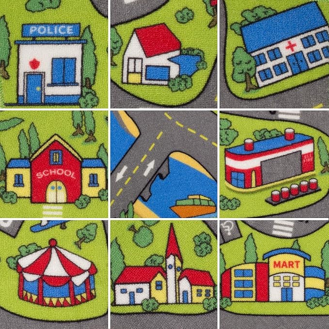 Large Kids Carpet Playmat Rug 52 x 32 with Non-Slip Backing, City Life Play Mat for Playing with Car Toy, Game Area for Baby Toddler Kid Child Educational Learn Road Traffic in Bedroom, Classroom - LeafyLoom
