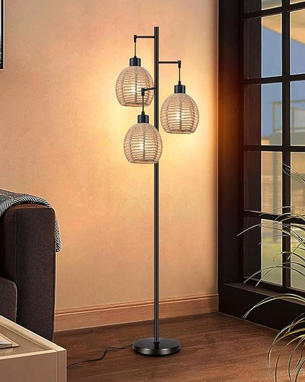 Rattan Floor Lamp for Living Room,Bedroom,Tree 3 Lights Boho Floor Lights Industrial Black Farmhouse Wicker Standing Lamp Rustic Tall Lamp,Woven Bamboo Lamp Shade Floor Lamps Bohemian - LeafyLoom