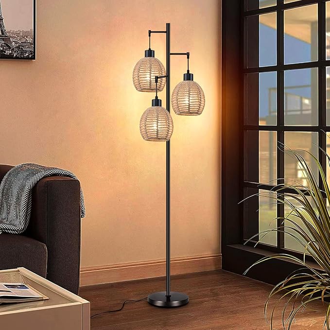 Rattan Floor Lamp for Living Room,Bedroom,Tree 3 Lights Boho Floor Lights Industrial Black Farmhouse Wicker Standing Lamp Rustic Tall Lamp,Woven Bamboo Lamp Shade Floor Lamps Bohemian - LeafyLoom